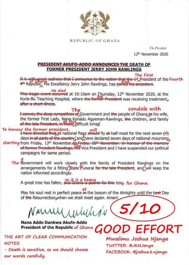 Kenyan Grammarian, Joshua Njenga, Scores Nana Addo’s Statement On Jerry John Rawlings’ Death 5/10 After Correcting The Grammatical Errors